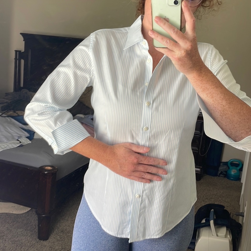 Brooks Brothers Button Down Blouse. White with blue strips. 3/4 cuff sleeve.